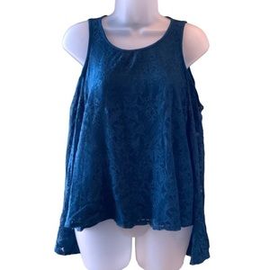 Hollister Cold Shoulder Long Sleeve Lace Top Teal With Keyhole Back Size Small